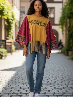Upcycled Sunshine & Coffee Cropped Tee With Fringe And Kantha Sleeves
